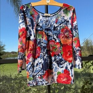 Pick & Peck Artistic abstract Floral Long Sleeve Top - Red, Blue, Green